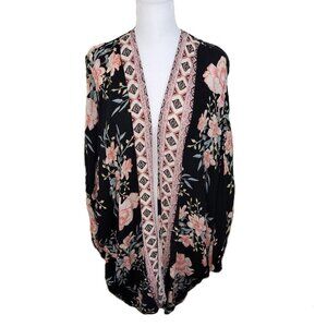 Billabong Floral Kimono Black Pink Floral Open Front Cardigan Women's S/M